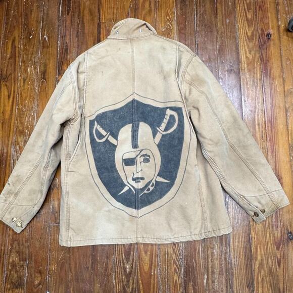 VINTAGE Carhartt Jacket‎ 44 Large 90s Chore Barn Coat Blanket Lined USA Raiders - Picture 13 of 16
